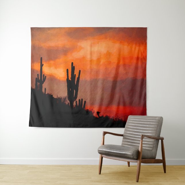Saguaro Cactus Silhouette Arizona Red Sunset Wandteppich (Beispiel (Horizontal))