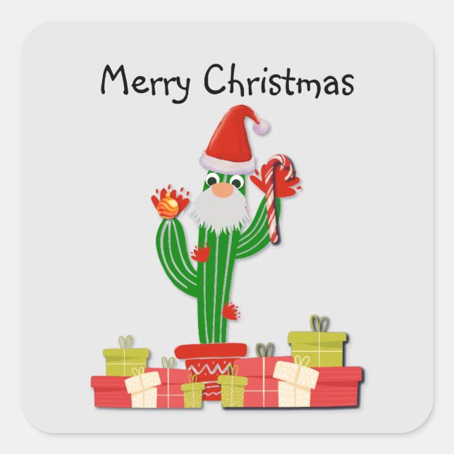 Saguaro Cactus verkleidet wie Santa, frohe Weihnac Quadratischer Aufkleber (Vorderseite)
