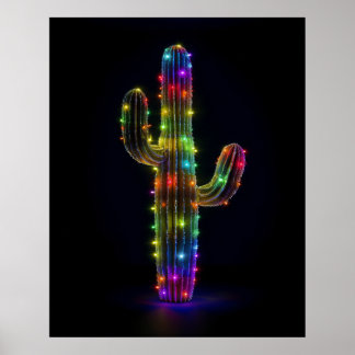 Saguaro-Kakteen beleuchtet mit Weihnachtsbeleuchtu Poster