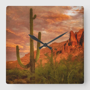 Saguaro Kaktus Aberglaube Berg Sonnenuntergang Quadratische Wanduhr