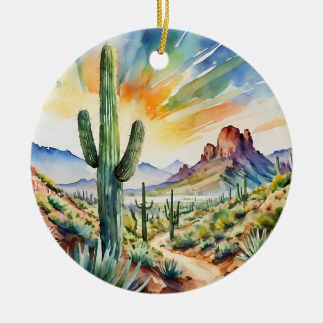 Saguaro Nationalpark Texas Südwest Wasserfarbe Keramik Ornament (Vorne)