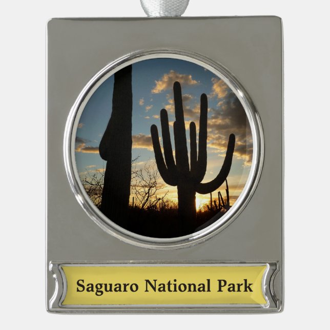 Saguaro Sunset II Arizona Wüste Landschaft Banner-Ornament Silber (Vorderseite)
