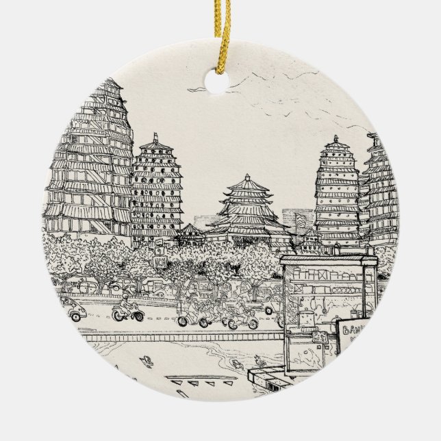 Saigon Pagoda Vietnam Stadtrandpfeifen Tinte zeich Keramik Ornament (Vorne)