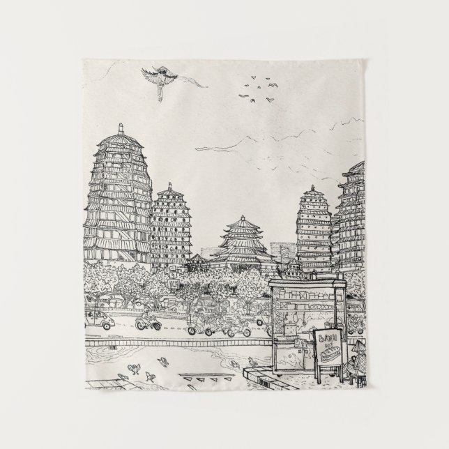 Saigon Pagoda Vietnam Stadtrandpfeifen Tinte zeich Wandteppich (Vorderseite)