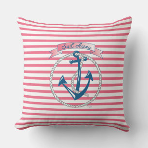 "Sail Away" Anker, weißer Seil und rosa Streifen Kissen