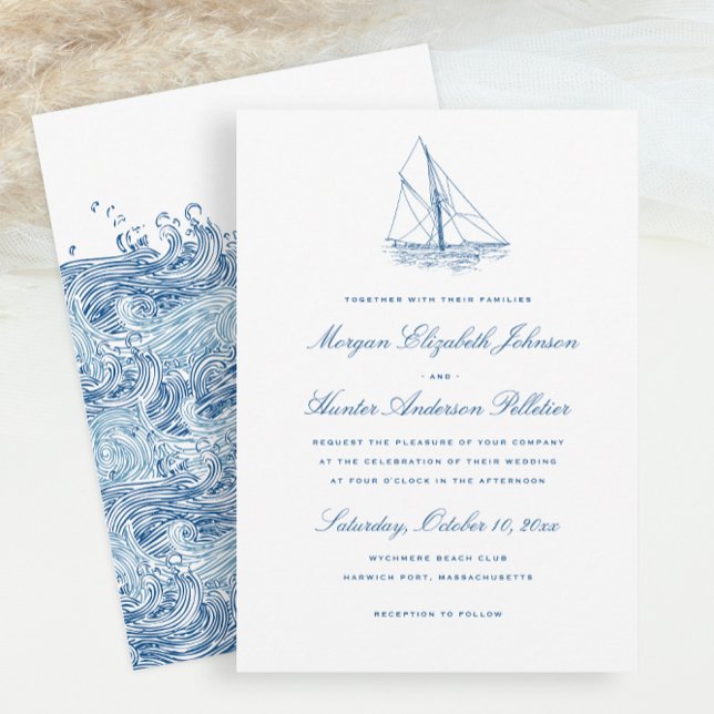 Sailboat and Waves Elegant Navy Blue Wedding Einladung (Sailboat and Waves Wedding Invitation for an Elegant Navy Blue Yacht Club or Schooner Wedding)