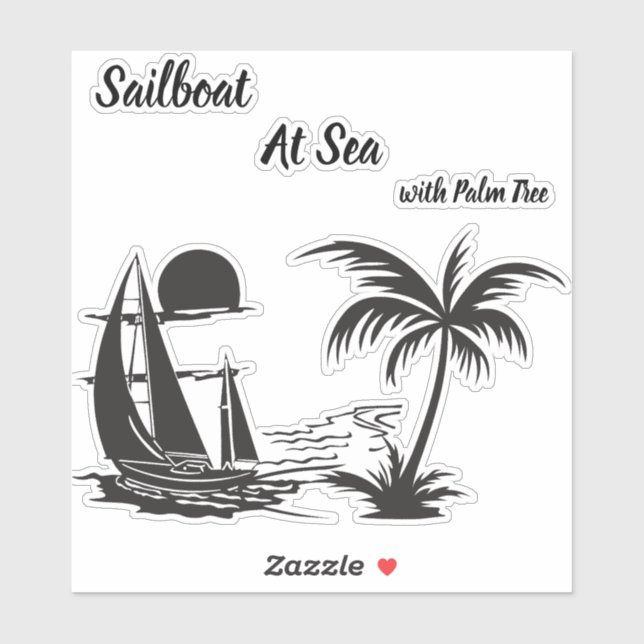 Sailboat at Sea with Palm Tree – Tropical Beach Aufkleber (Blatt)