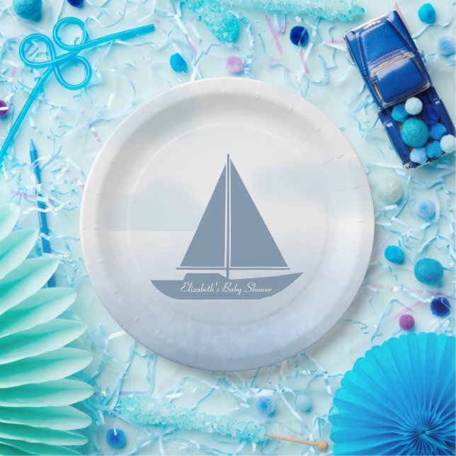 Sailboat Blue Watercolor Boy Baby Shower Pappteller (Party)