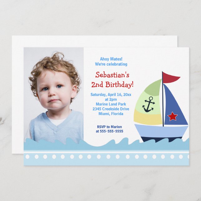 Sailboat Boys Foto Geburtstag Einladung Vorlage (Vorne/Hinten)