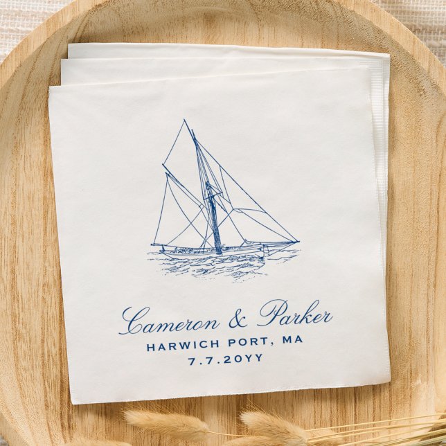 Sailboat Elegant Blaue Hochzeit der Marine Serviette (Sailboat Elegant Yacht Club Nautical Wedding Napkins in Navy Blue designed by Concertina Press)
