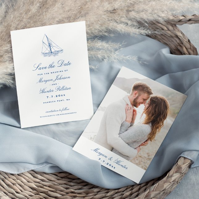 Sailboat Elegant Navy Blue Wedding Foto Save The Date (Sailboat and Waves Wedding Save the Date with Photo for an Elegant Navy Blue Yacht Club Wedding)