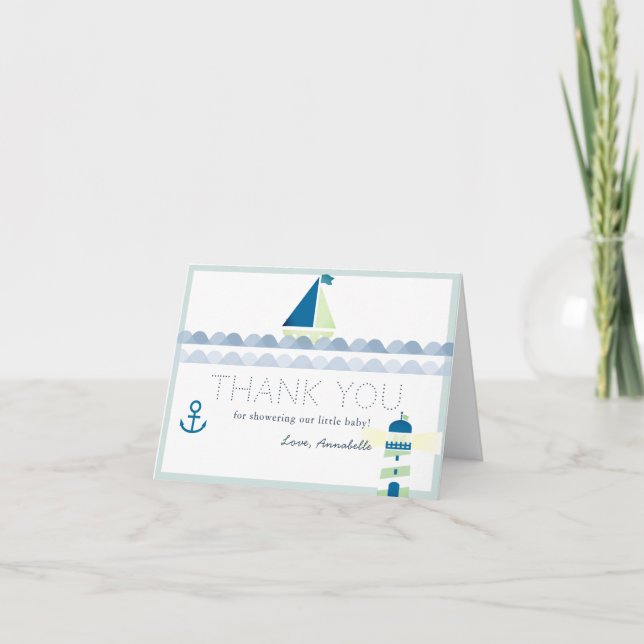 Sailboat & Lighthouse Nautical Blue Baby Shower Dankeskarte (Vorderseite)