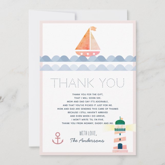 Sailboat & Lighthouse Pink Baby Dusche Vielen Dank Einladung (Vorderseite)