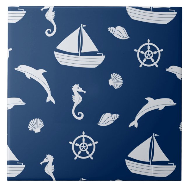 Sailboat & Marine Life Pattern Fliese (Vorderseite)