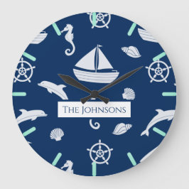 Sailboat & Marine Life Pattern Große Wanduhr