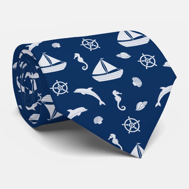 Sailboat & Marine Life Pattern Krawatte (Gerollt)