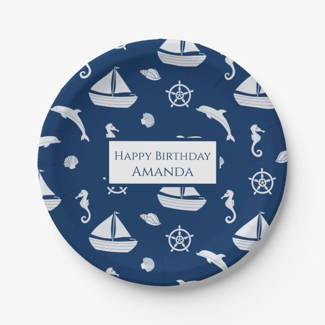 Sailboat & Marine Life Pattern Pappteller (Vorderseite)