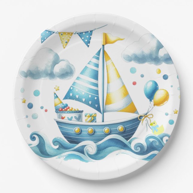 Sailboat Nautical Blue Baby Dusche Pappteller (Vorderseite)