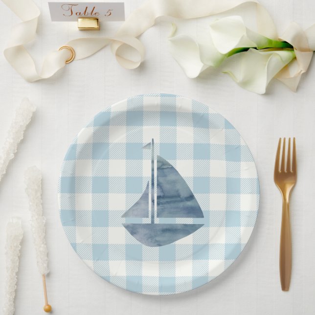Sailboat Nautical Blue Gingham Karo Pattern Pappteller (Hochzeit)