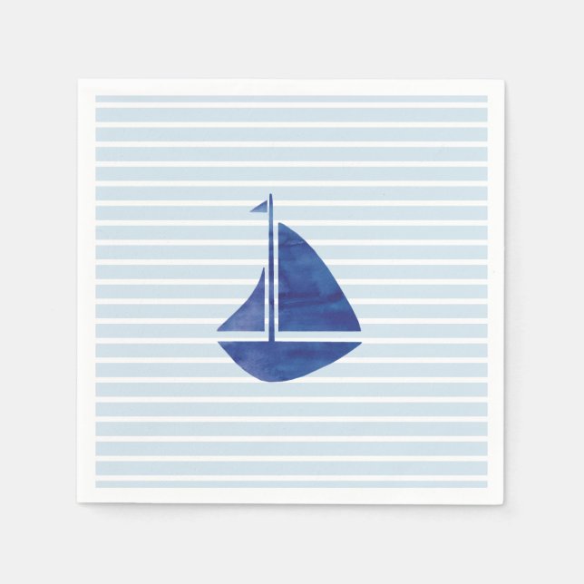 Sailboat Nautical Ocean Blue Strip Papier Napkin Serviette (Vorderseite)