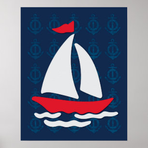 Sailboat - Rote, weiße und blaue Wassermauer Kunst Poster