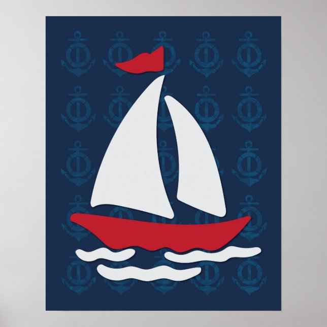 Sailboat - Rote, weiße und blaue Wassermauer Kunst Poster (Vorne)
