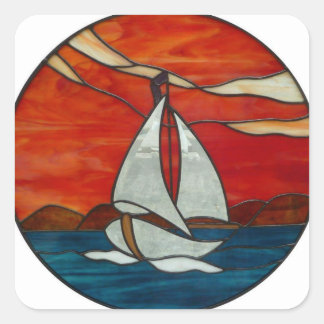 Sailboat - Sonnenuntergang Gestaltete Glaskunst Quadratischer Aufkleber