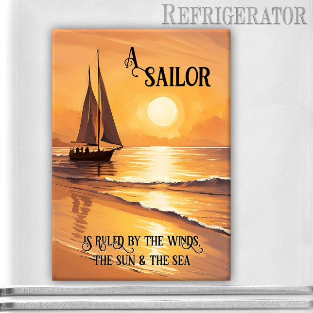 Sailboat Sunset Custom Quote Magnet (Rectangle nautical magnet featuring a painting of a sailboat on the ocean at sunset - with quote)