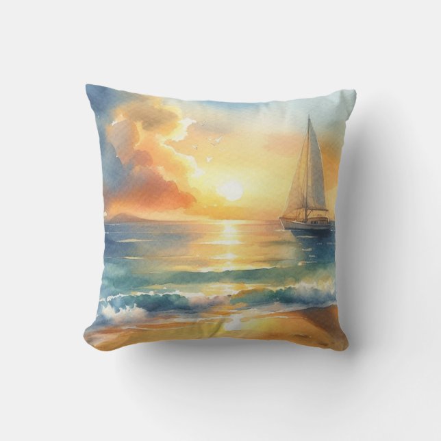 Sailboat Sunset Ocean Aquarellen Kissen (Vorderseite)