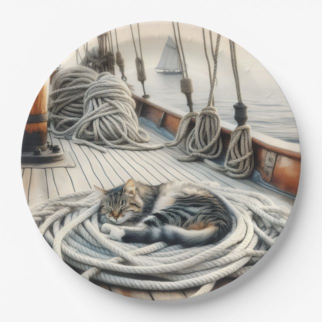 Sailboat Tabby Katze Schlafen auf Ropp Pappteller (Vorderseite)