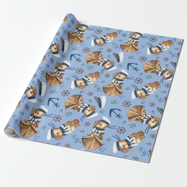 Sailboat Teddy Bears Wrapping Paper Geschenkpapier (Ungerollt)