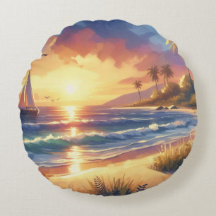 Sailboat Tropical Beach Sunset Art Rundes Kissen