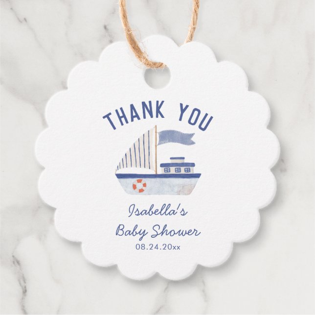 Sailboat Vielen Dank Boy Baby Dusche Geschenkanhänger (Vorderseite)