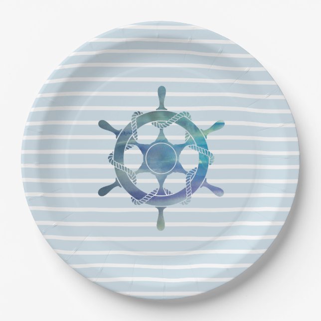 Sailboat Wheel Nautical Ocean Blue Stripe Pappteller (Vorderseite)