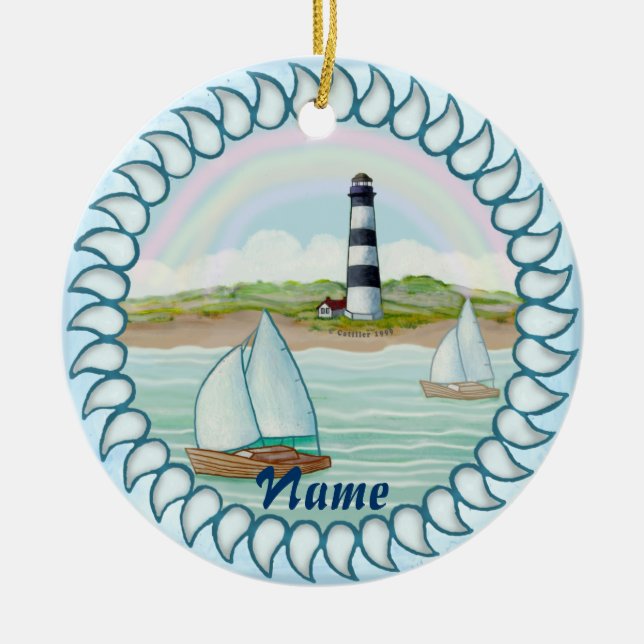 Sailboats Leuchtturm individuelle Name Keramik Ornament (Vorne)