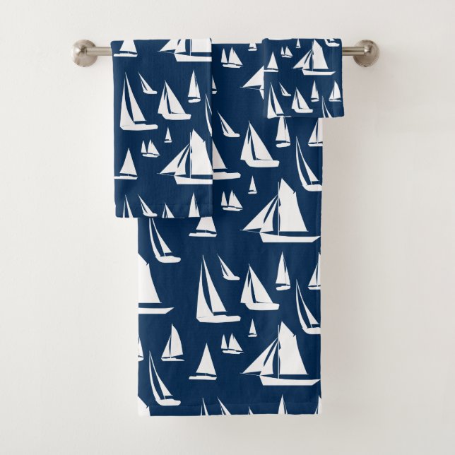 Sailboote Nautical Navy Blue Badhandtuch Set (Insitu)