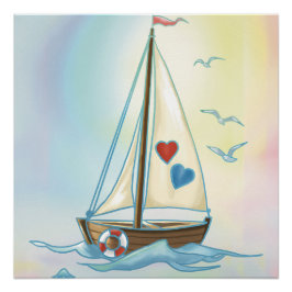 Sailing Hearts – Minimalist Boat with Love Sails Poster