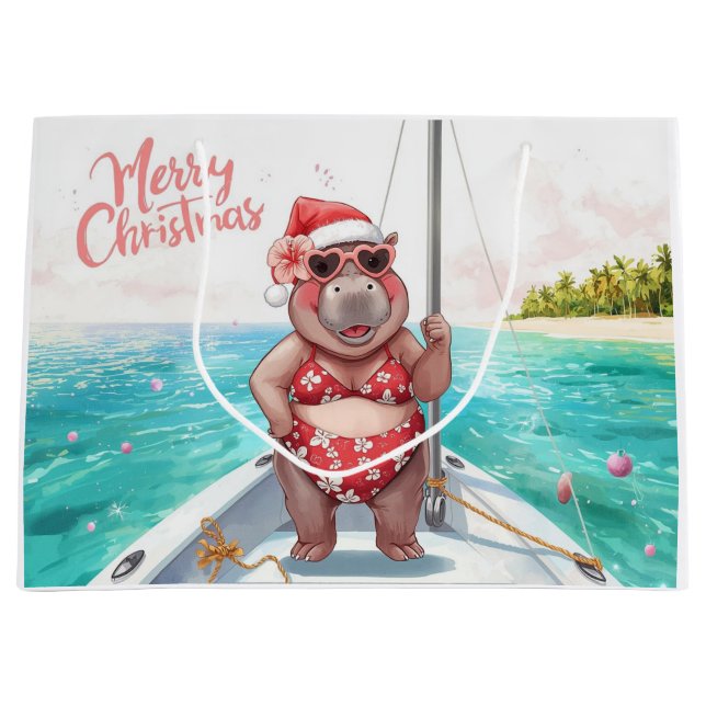 Sailing Hippo Christmas Bikini on big wave Große Geschenktüte (Vorderseite)