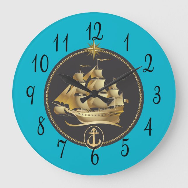 Sailing Ship in Gold and Black Große Wanduhr (Vorderseite)