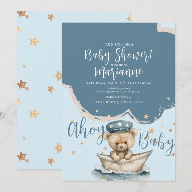 Sailor Bär Junge Sterne Baby Shower Einladung (Vorne/Hinten)