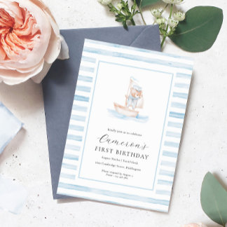 Sailor Bear Blue Strip Erster Geburtstag Einladung