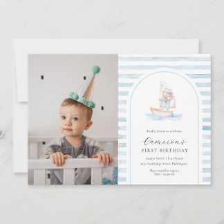 Sailor Bear Blue Strip Foto Erster Geburtstag Einladung