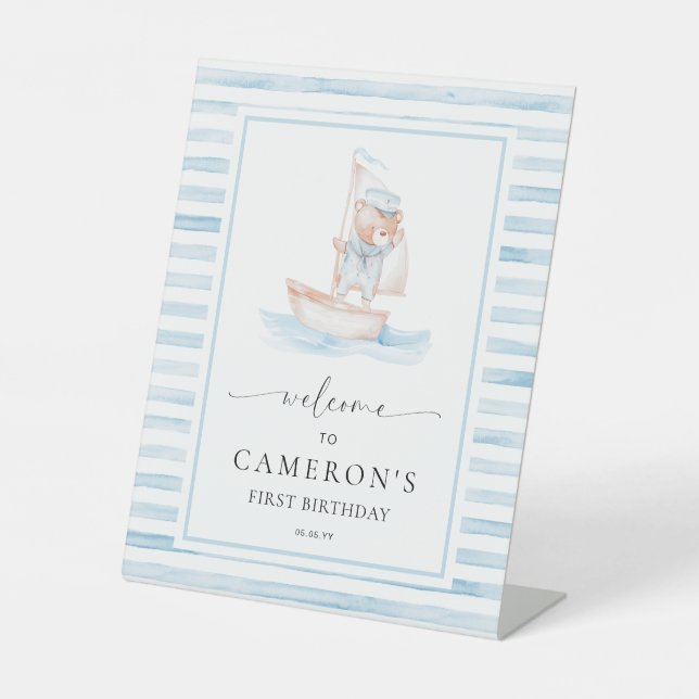 Sailor Bear Blue Strip Willkommen Sockelschild (Vorderseite)