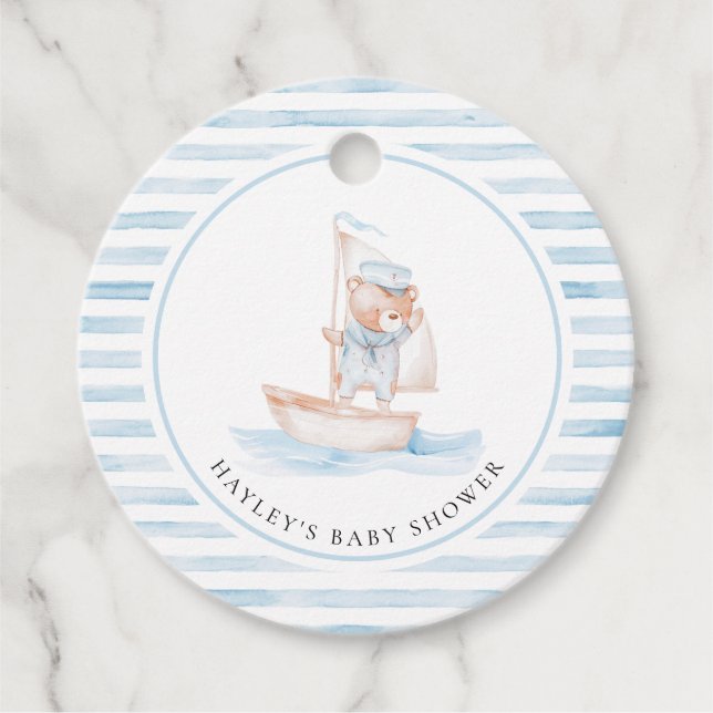 Sailor Bear Blue Stripe Baby Dusche Geschenkanhänger (Vorderseite)
