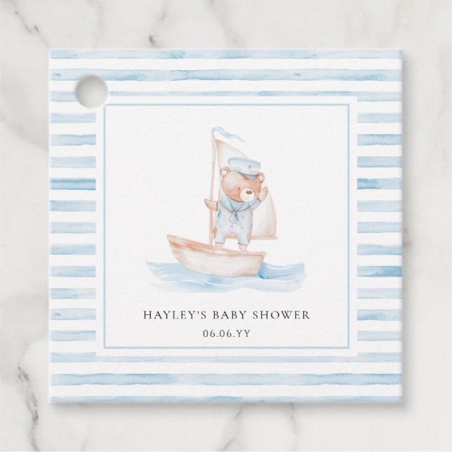 Sailor Bear Blue Stripe Baby Dusche Geschenkanhänger (Vorderseite)