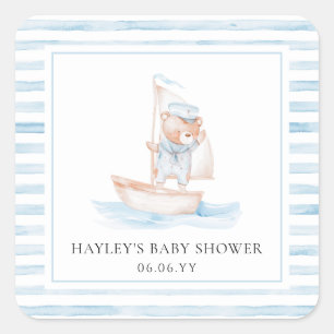 Sailor Bear Blue Stripe Baby Dusche Quadratischer Aufkleber
