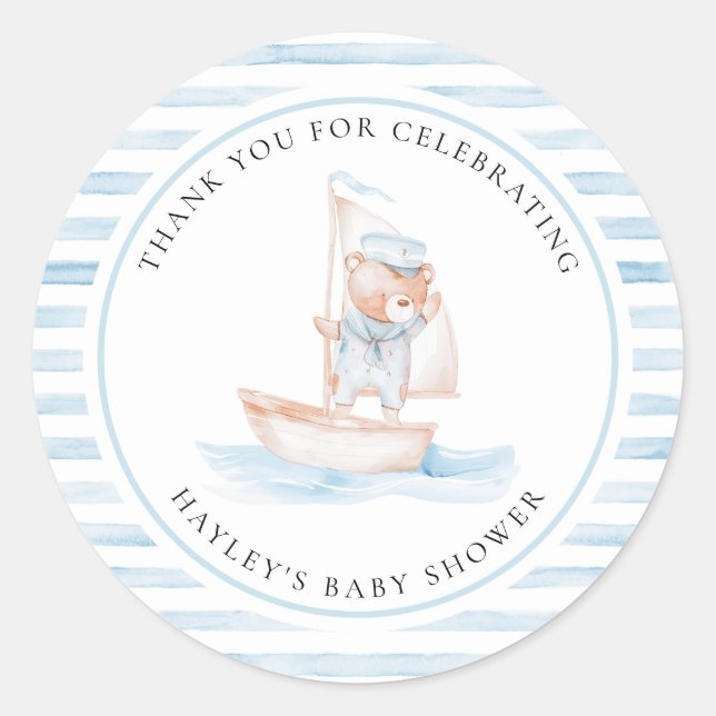 Sailor Bear Blue Stripe Baby Dusche Runder Aufkleber (Vorderseite)