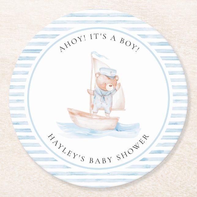 Sailor Bear Blue Stripe Baby Dusche Runder Pappuntersetzer (Vorderseite)