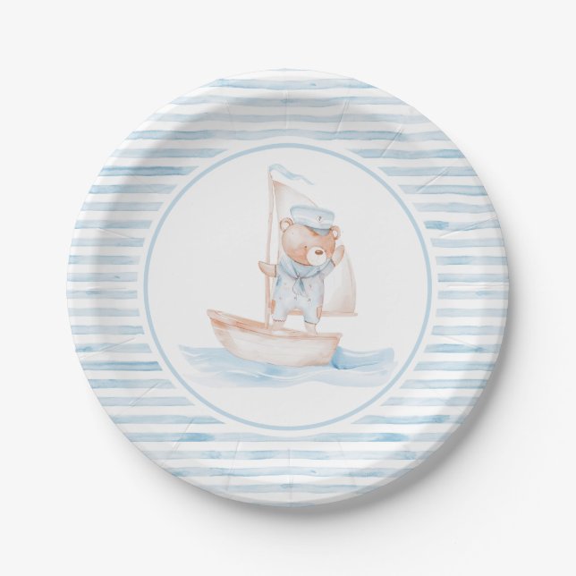 Sailor Bear Blue Stripe Birthday Pappteller (Vorderseite)
