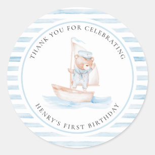 Sailor Bear Blue Stripe Geburtstag Runder Aufkleber